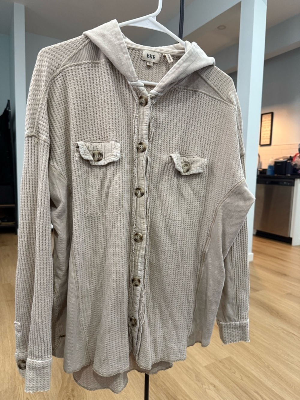 BKE Taupe Beige Waffle Knit Button-Up Hoodie